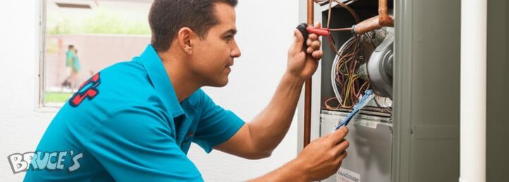 HVAC technician repairing a furnace, checking wiring and components with tools inside the unit.